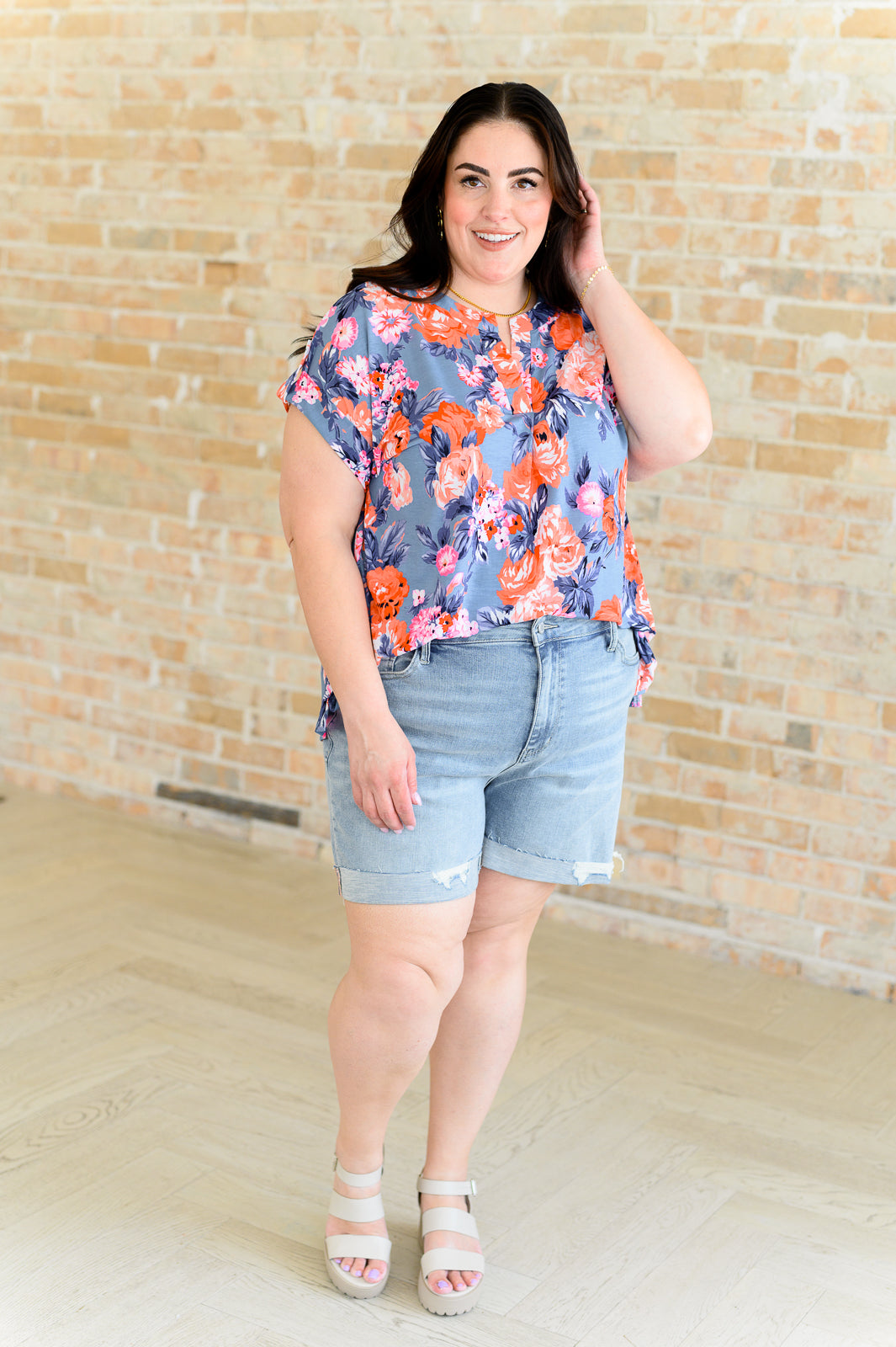 Lizzy Cap Sleeve Top - Dusty Blue & Coral Roses Floral Blouse for Women | Casual Summer Tops, Date Night Outfits, Office Wear