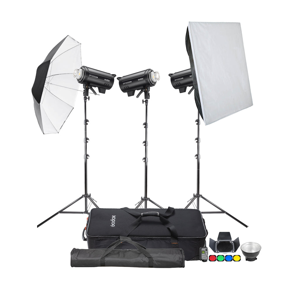 Professional DP1000IIIV 3-Head Studio Flash Lighting Kit for Photography - Perfect for Portrait, Product, and Fashion Shoots