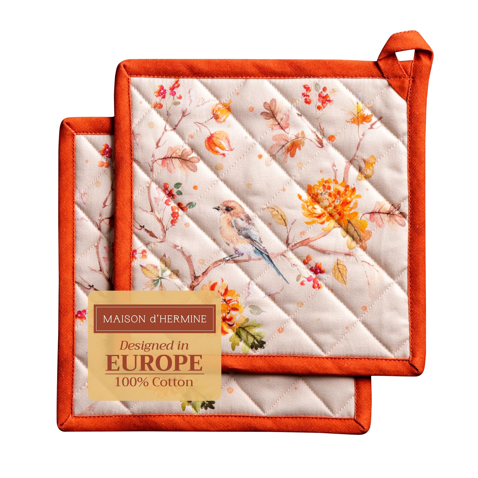 Hermine 100% Cotton Heat Resistant Pot Holder Set of 2 - 8x8 Inch Kitchen Hot Pads with Loop for Microwave, BBQ & Hot Pans (Kelim Prairie Design) - Perfect for Thanksgiving & Christmas Cooking, Baking and Holiday Entertaining