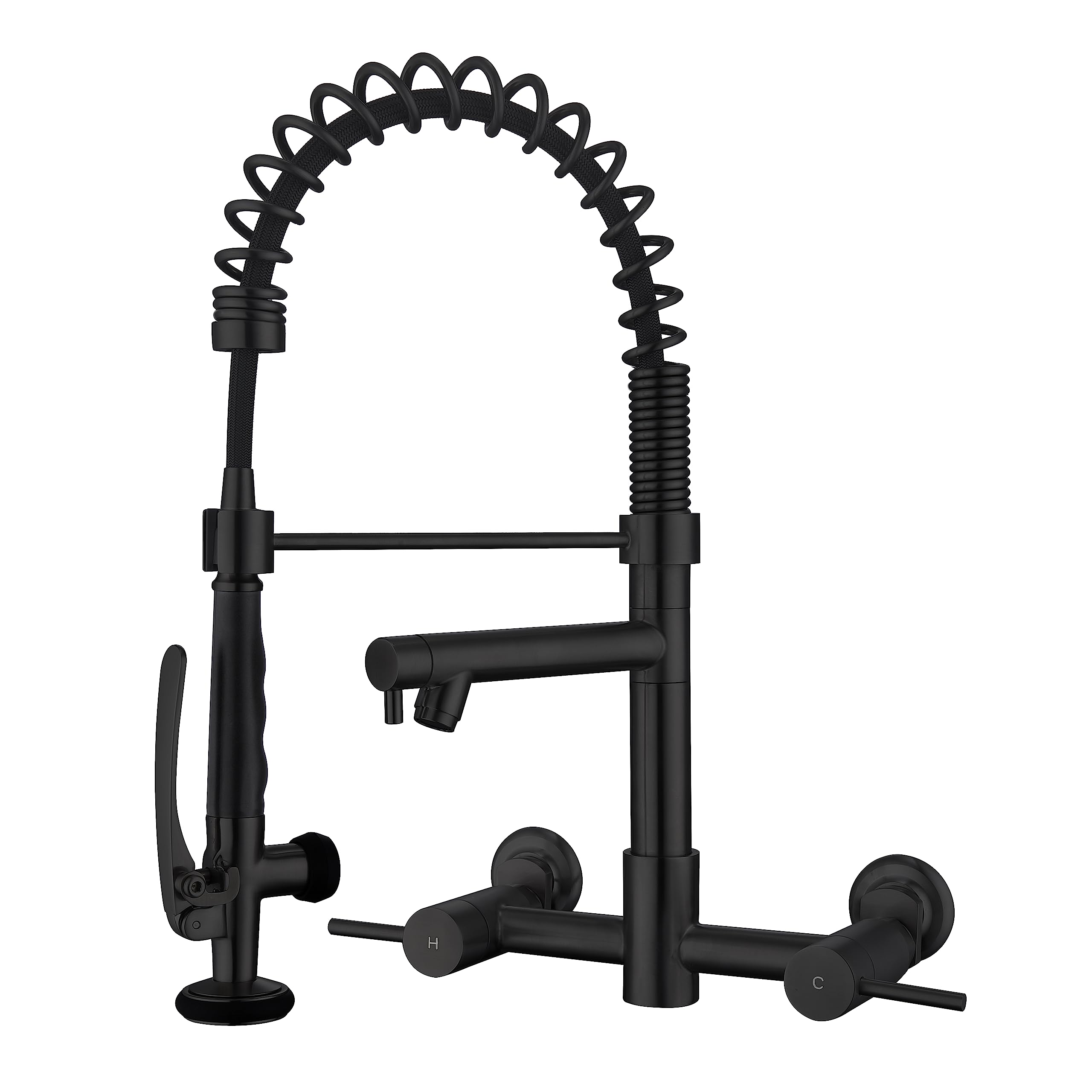 **8 Inch Wall Mount Kitchen Faucet with Pre-Rinse Sprayer & Pot Filler - High Arch Spring 2 Handle Commercial Faucet in Black - Perfect for Restaurants, Food Trucks & Home Kitchens**