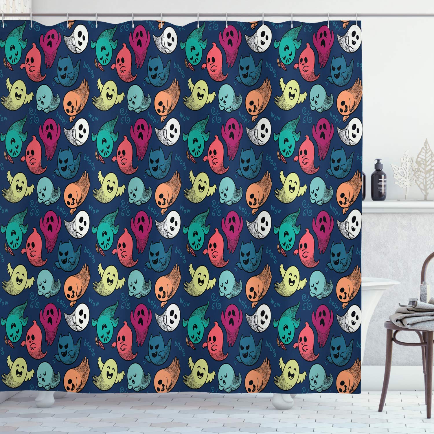 Ambesonne Halloween Shower Curtain - Colorful Cartoon Ghosts with 'Boo' & 'Help' Print, 69x70 Inch Fabric Bathroom Decor with Hooks | Spooky Bathroom Theme for Halloween Party Decorations & Haunted House Decor