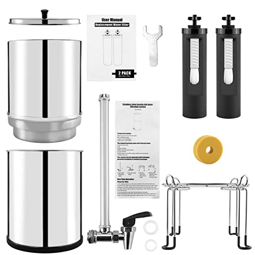 Upgraded 2.25 Gallon Stainless Steel Gravity Water Filter System with Detachable Stand & Black Filters - Home, Camping, Travel, Outdoor & Emergency Use - Purifies Water for Drinking, Hiking, Survival & Disaster Preparedness