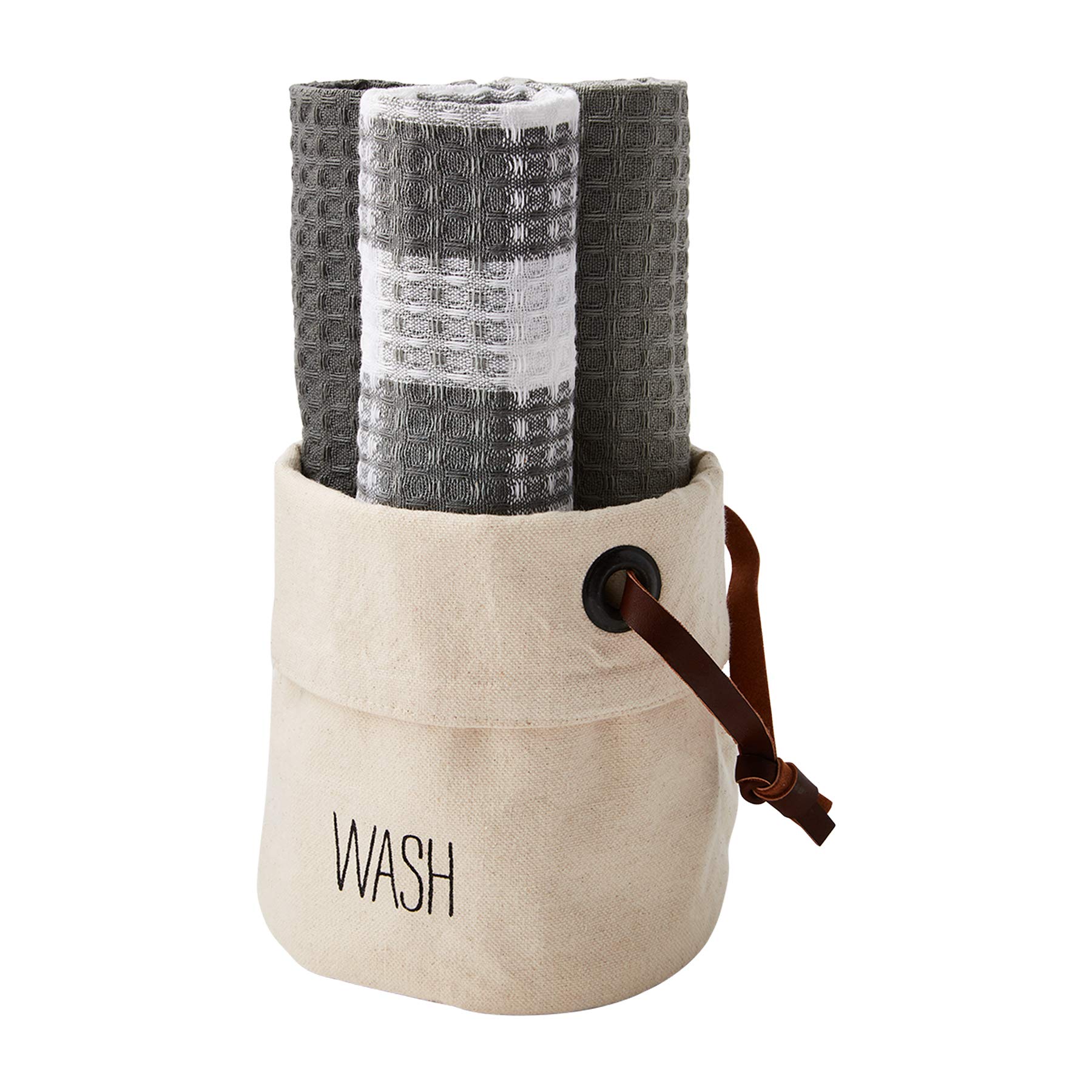 Premium Mud Pie Cotton Towels Set with Rustic Canvas Holder - Soft & Absorbent Bath, Kitchen & Beach Towels for Home & Travel Use