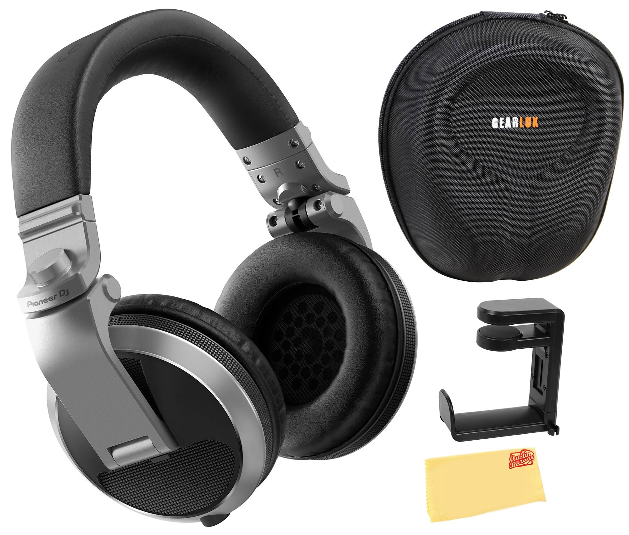 Pioneer HDJ-X5 Professional Over-Ear DJ Headphones - Silver (Bundle with Carrying Case, Headphone Stand & Polishing Cloth) | Perfect for DJing, Music Production & Live Performances