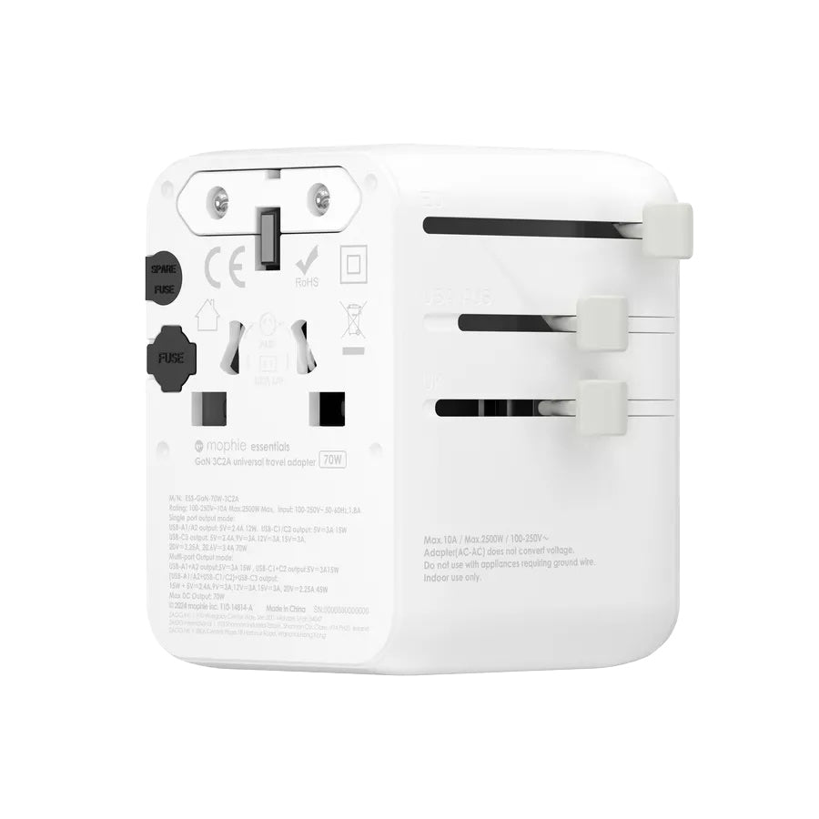 MOPHIE 70W Essential Travel Adapter - Universal USB-C Charger for iPhone, MacBook, Laptops - Perfect for Business Trips & International Travel (White)