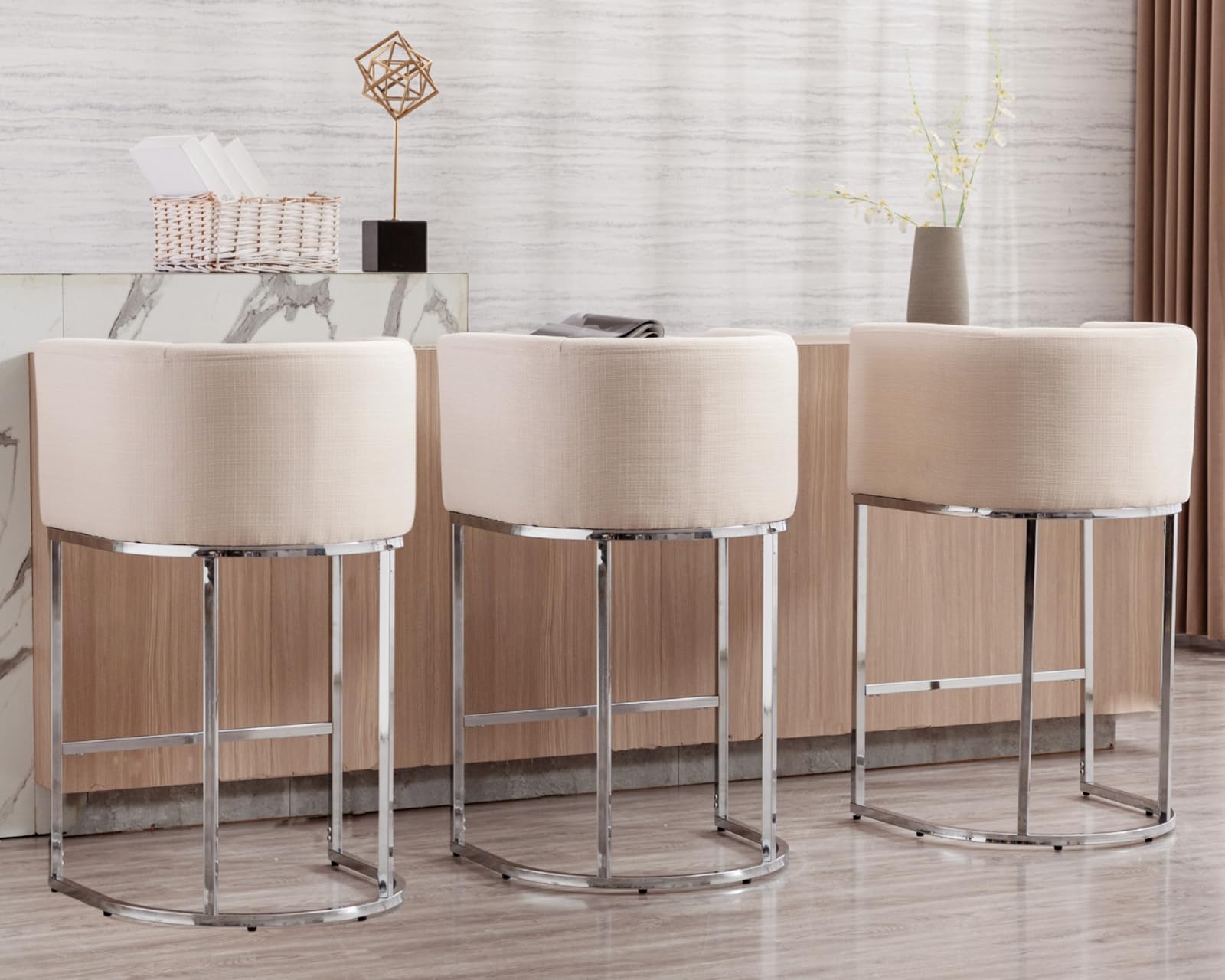 Modern Cream Linen Upholstered Counter Height Stools Set of 2 - 29 Inch Kitchen Island Bar Stools with Chrome Metal Frame - Perfect for Breakfast Nooks, Kitchen Islands & Home Bars