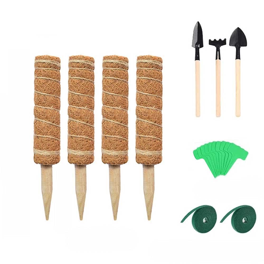 4-Pack Moss Poles for Climbing Plants - Coir Plant Support Sticks with Cable Ties & Labels for Monstera, Pothos, Philodendron - Indoor Gardening Accessories (11.8