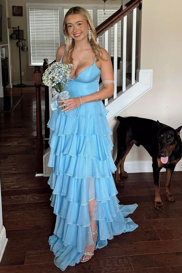 Elegant Light Blue Straps Ruffle A-Line Long Prom Dress with High Slit J5189 - Perfect for Homecoming, Prom Night, and Formal Events