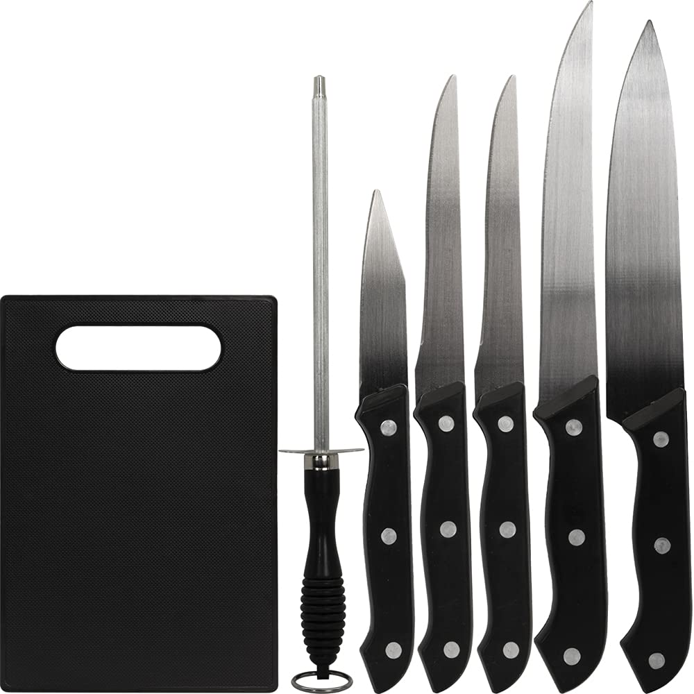 CK6PC 5-Piece Premium Knife Set with Bamboo Cutting Board & Sharpening Steel | Includes Deco Essentials 3-Slot Manual Knife Sharpener & Cut-Resistant Kitchen Gloves | Perfect for Home Chefs, Meal Prep & Professional Cooking
