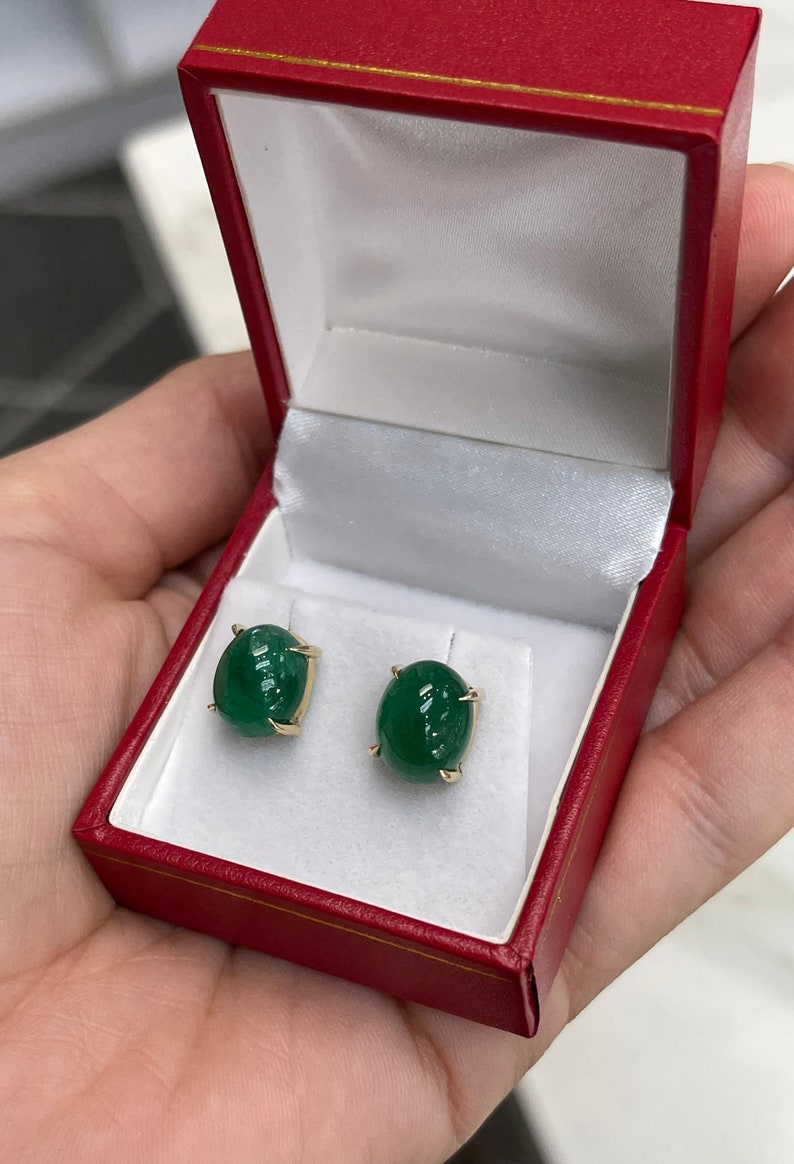 10.90tcw Dark Forest Green Emerald Cabochon Oval Cut 14K Gold Earrings for Women – Elegant Jewelry Gift for Wedding, Party & Special Occasions