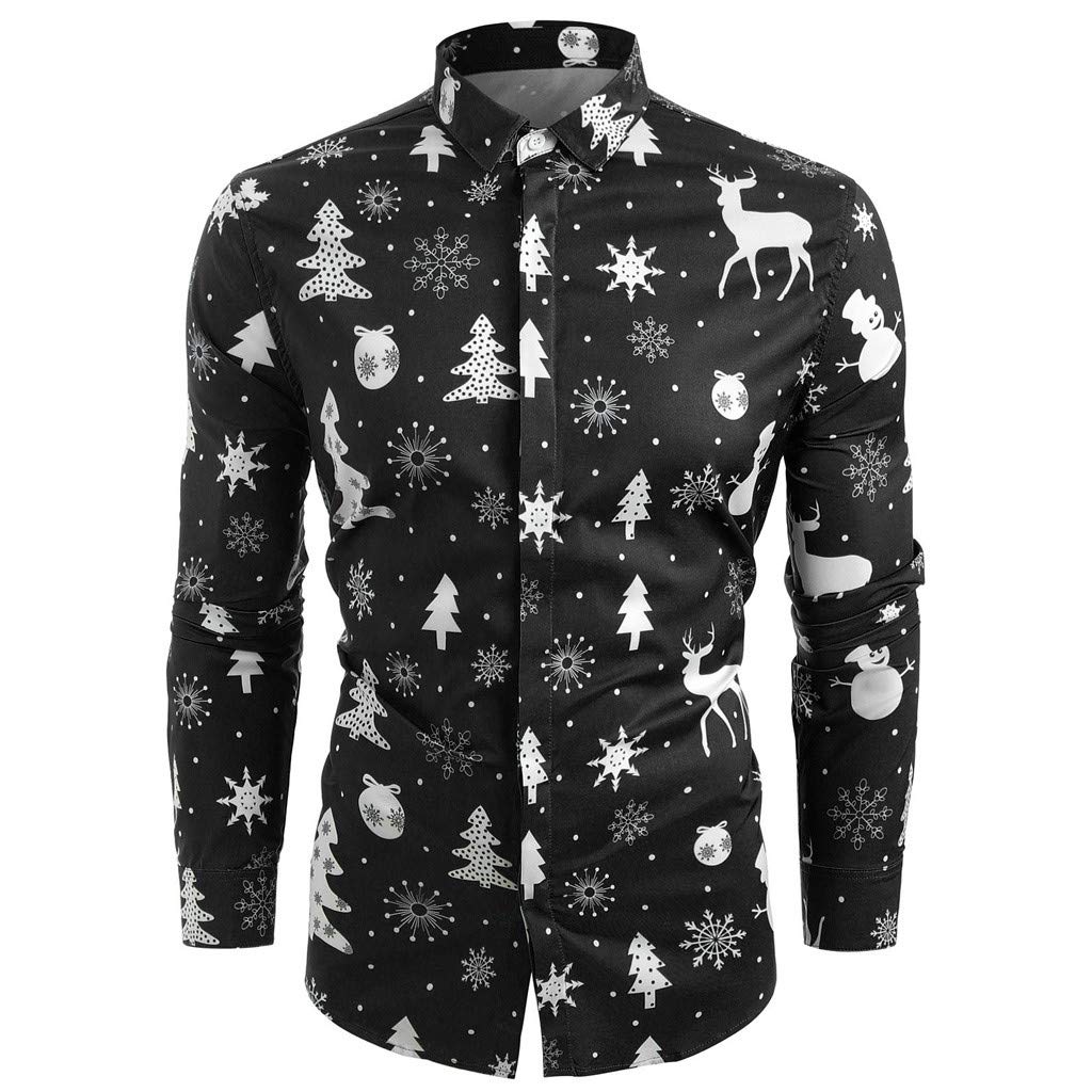 Drindf Men's Christmas Print Slim Fit Long Sleeve Button Down Shirt - Holiday Party Dress Shirt for Xmas, Office, and Casual Wear
