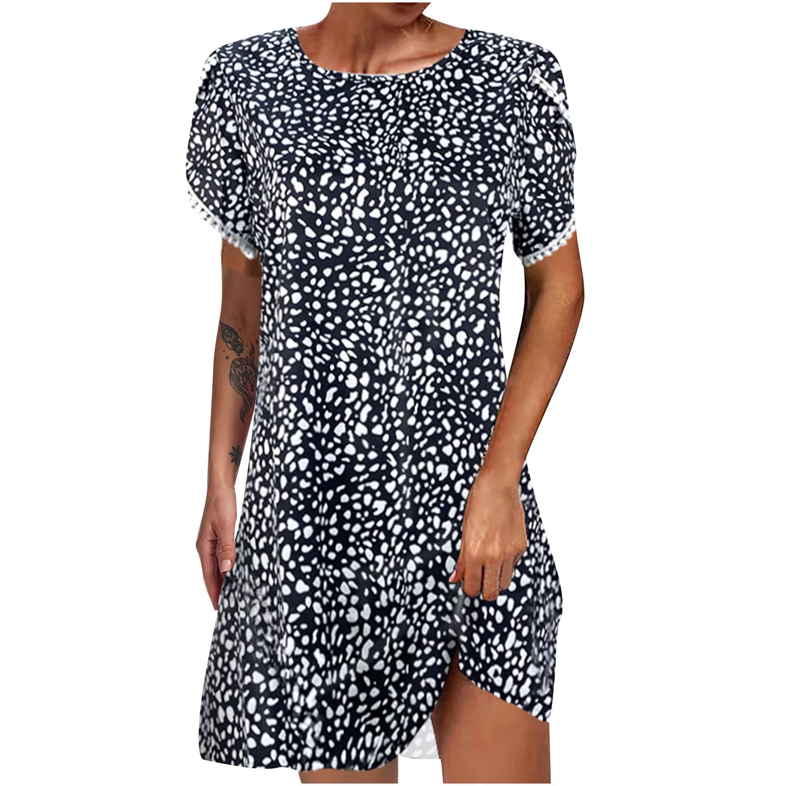 Women's Floral Printed Lace Round Neck Short Sleeve Mini Dress - Elegant Casual & Dressy Tops for Summer, Parties, Dates & Office Wear