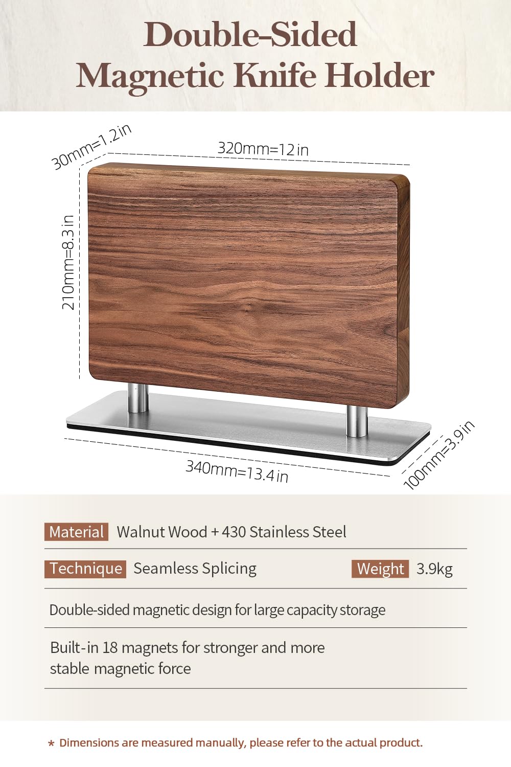 Premium Magnetic Knife Block - Natural Walnut Knife Holder with Strong Double-Sided Magnets for Countertop Storage | Perfect Kitchen Organizer for Chefs & Home Cooks | Ideal for Countertop, Kitchen Island & Open Shelf Display
