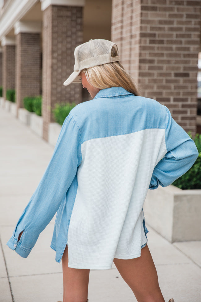 Talk It Over Waffle Detail Chambray Button Front Blouse for Women | Casual Office Wear & Spring Outfits | Trendy Button-Down Shirt with Waffle Texture