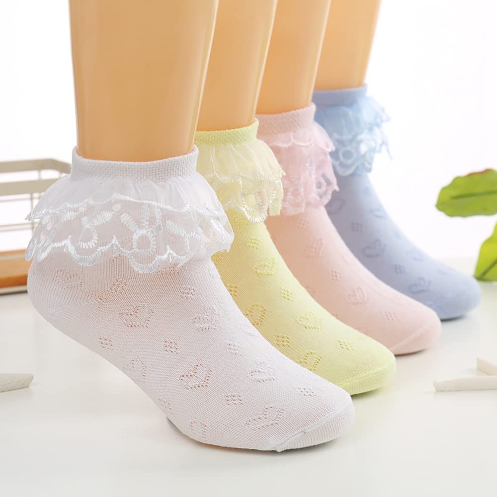 YUEN Girls Lace Ankle Socks - 4 Pack Cute Ruffle Frilly Cotton Socks with Lace Trim | Princess Style Socks for Big Girls | Perfect for School, Parties & Everyday Wear