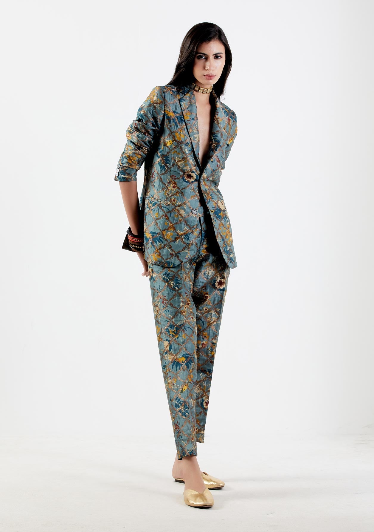Elegant Rana Blazer in Silk Brocade Mist - Women's Formal Jacket for Office Wear, Business Meetings & Special Occasions