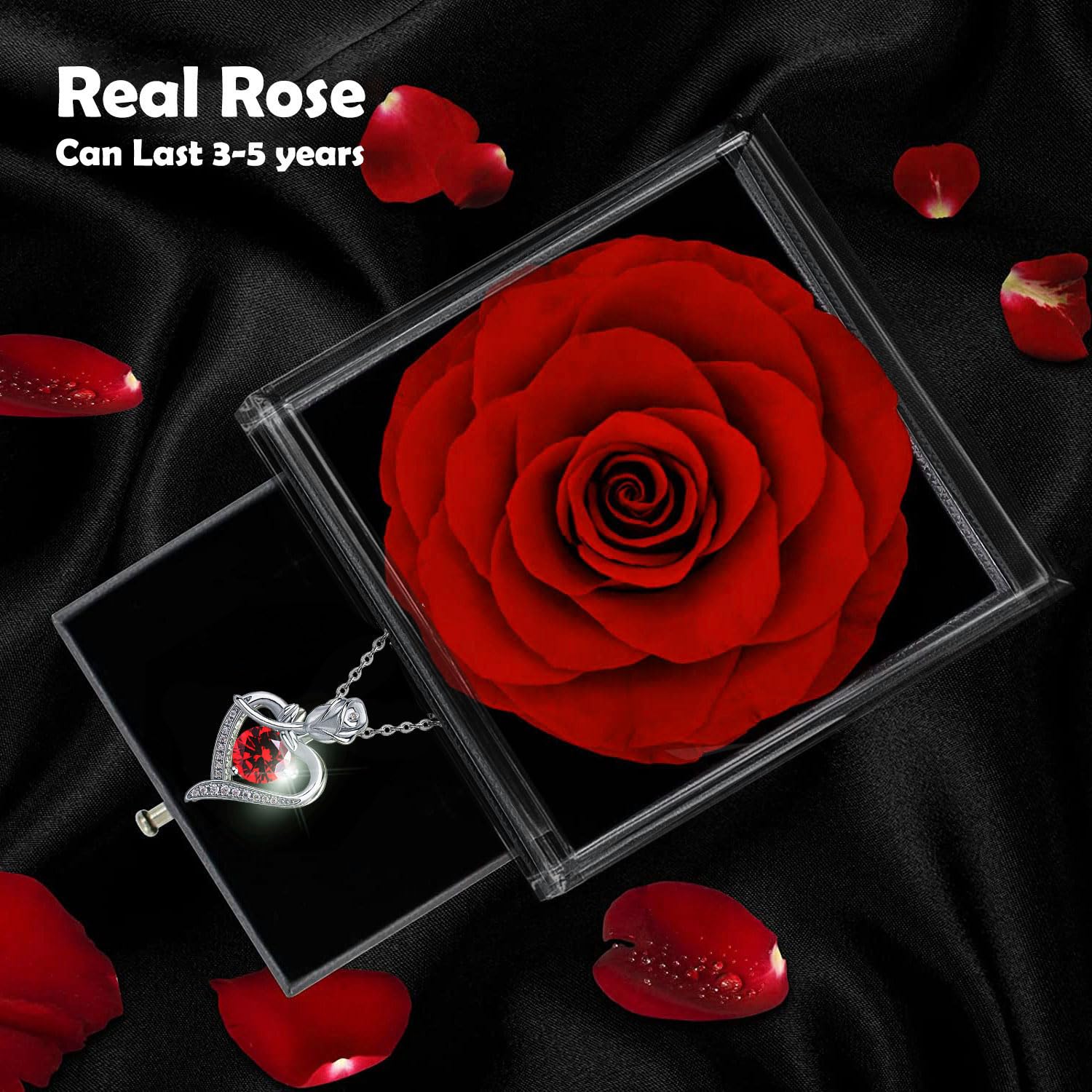 Real Preserved Rose Box with Austrian Crystal Necklace - S925 Heart Gemstone & Ruby Birthstone Pendant - Eternal Rose Gift for Women (Mother's Day, Anniversary, Valentine's Day) - Romantic Home Decor & Jewelry Storage