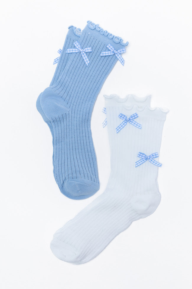 Cute White and Blue Gingham Bow Socks Set - 3 Pairs of Stylish Ankle Socks for Women - Perfect for Casual Outfits, Gifts, and Everyday Wear