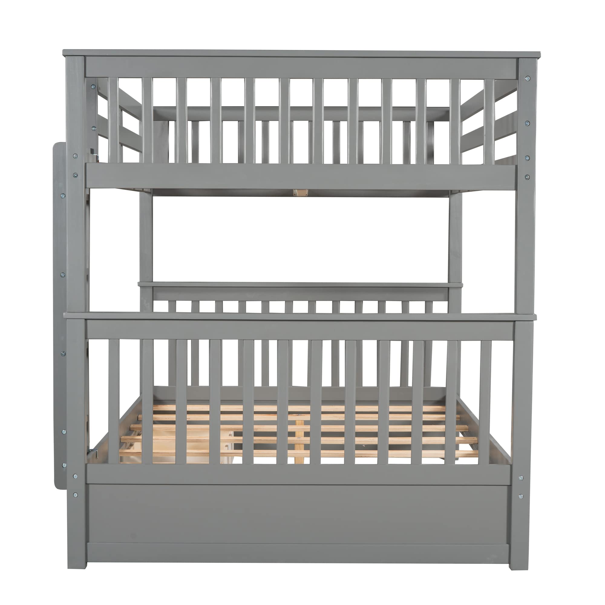 Harper & Bright Designs Full Over Full Bunk Bed with Storage Drawers - Solid Wood Bunk Bed Frame with Ladder - Space Saving Kids Bedroom Furniture for Siblings or Guests (Grey, Full Size)