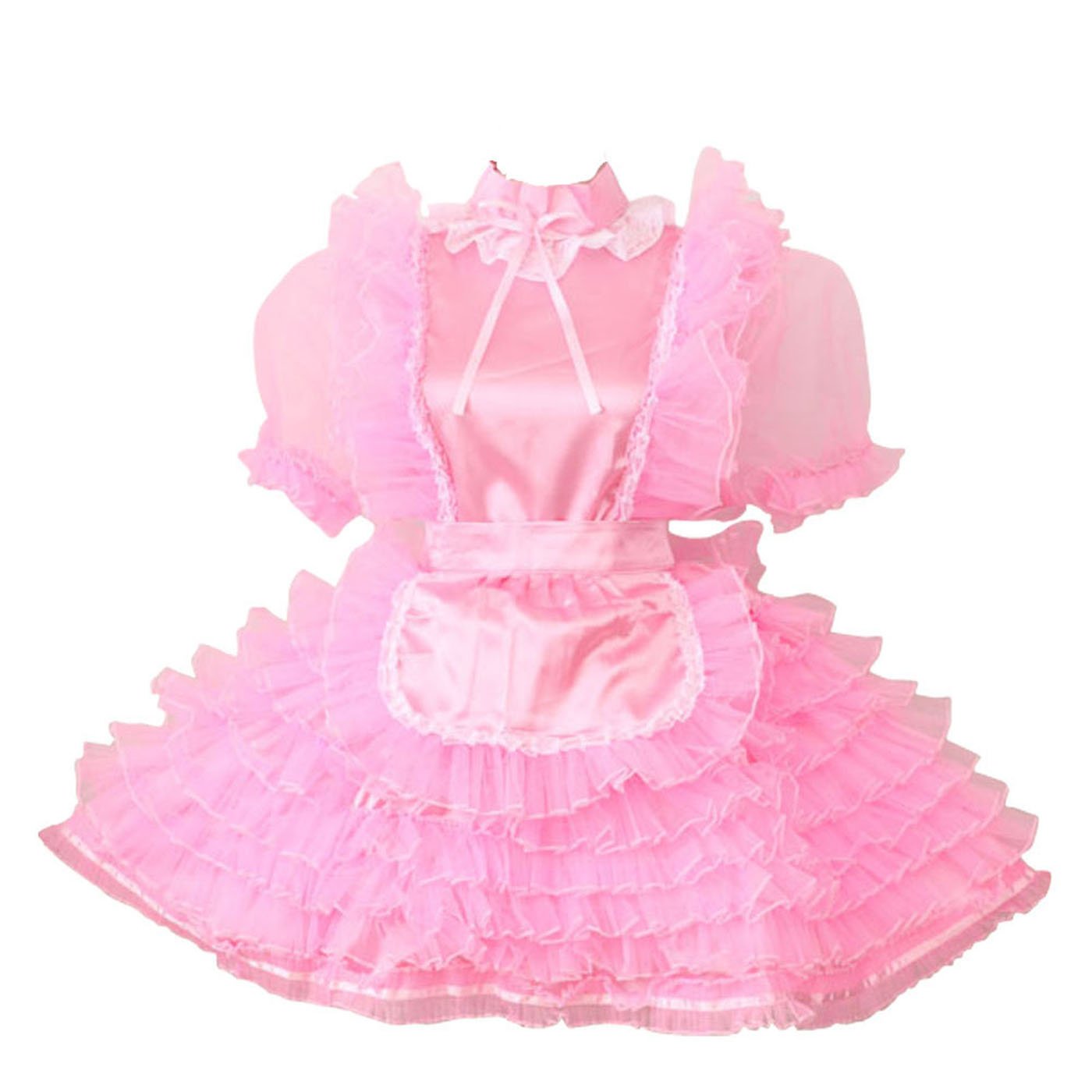 Lockable French Maid Costume for Women - Satin & Organza Pink Dress Uniform - Roleplay, Cosplay, Halloween & Party Outfit
