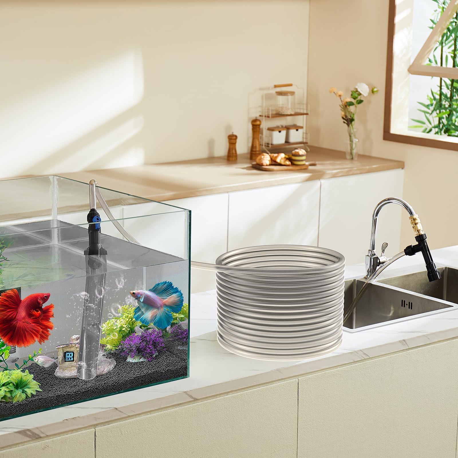 VEVOR Aquarium Gravel Vacuum Cleaner - 30ft PVC Hose Fish Tank Siphon Cleaner with 3 Brass Adapters for Sand & Gravel Cleaning | Ideal for Freshwater & Saltwater Tanks, Home Aquarium Maintenance