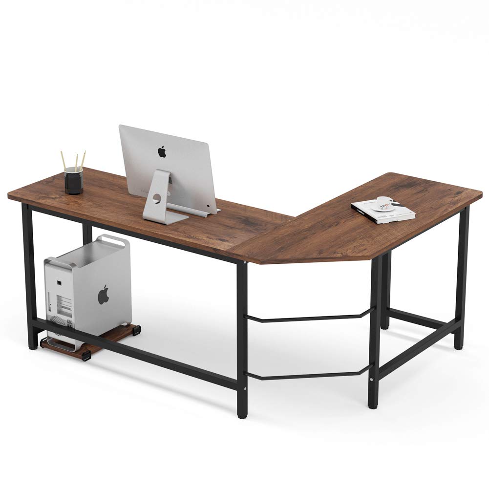 Modern L-Shape Computer Desk with Large Work Surface & CPU Stand - Home Office Corner Workstation, Study Desk in Rustic Brown - Perfect for Small Spaces, Gaming Setups & Remote Work