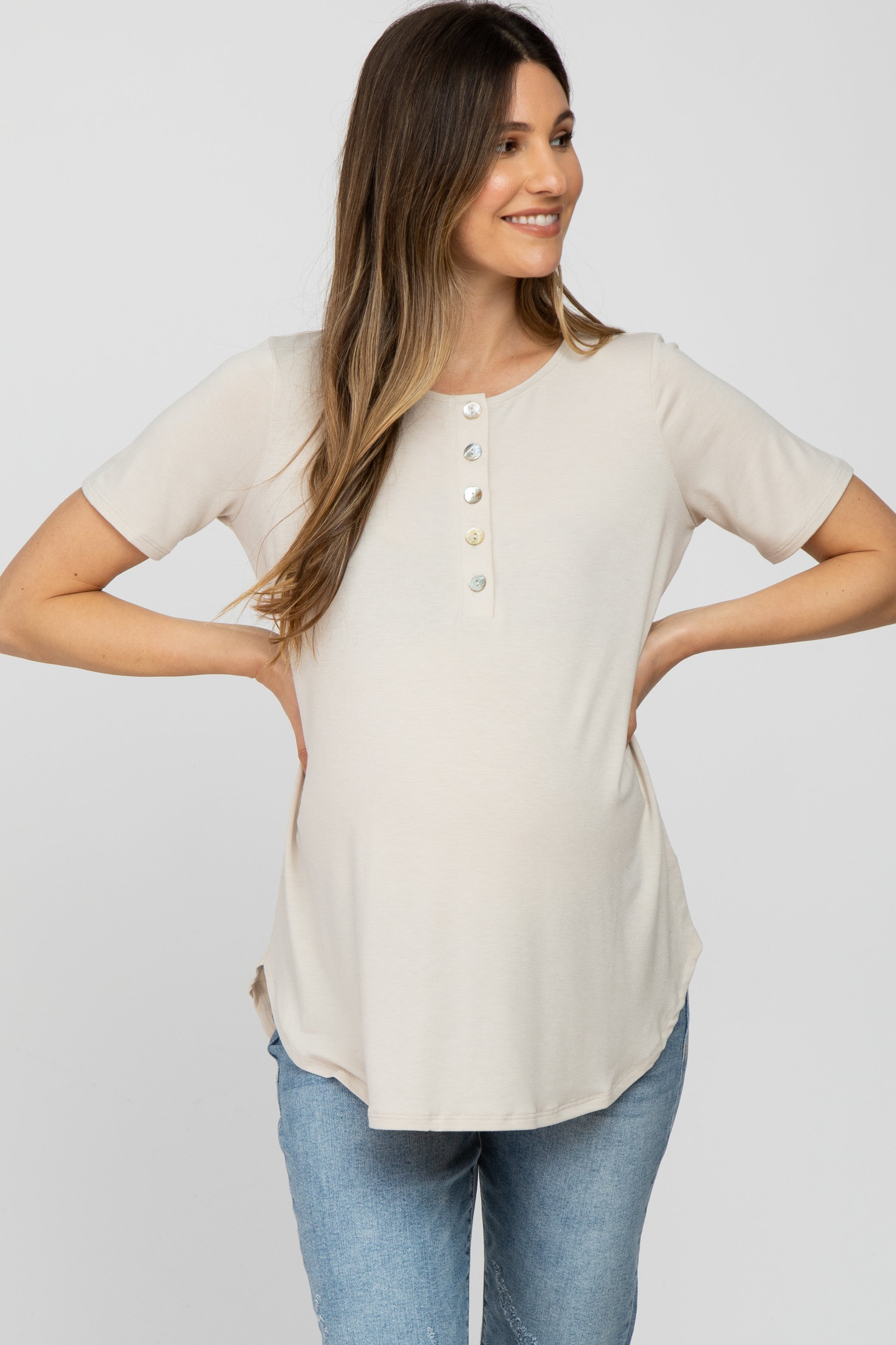 Beige Maternity Button Down Short Sleeve Shirt for Women - Comfortable Pregnancy Blouse for Work, Casual Outfits & Summer Maternity Wear