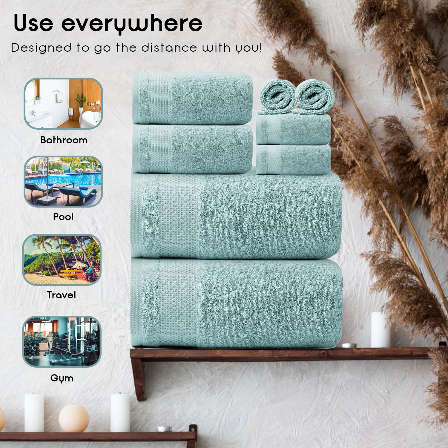 Ariv - 2 Ply Ultra Luxury 8-Piece Towel Set - 100% Combed Cotton Large Bath Towels for Extra Softness, High Absorbency & Quick Drying - Perfect for Home, Hotel, Gym and Spa Use - Duck Egg Blue - Ideal for Bathroom, Poolside, and Beach Getaways