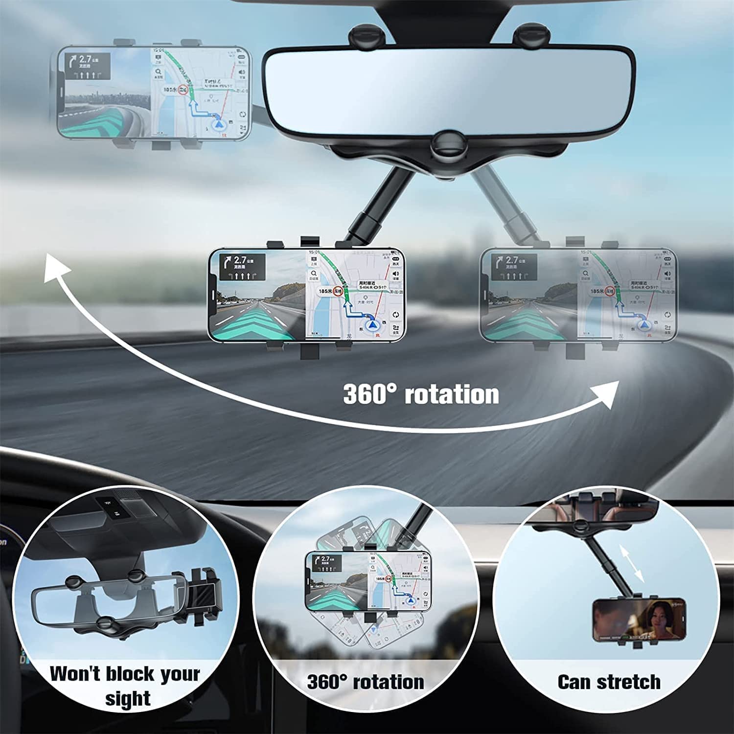 Elemenix 360° Rotatable & Retractable Car Phone Mount Holder - Adjustable GPS Phone Stand for Dashboard & Rearview Mirror | Perfect for Hands-Free Navigation, Driving Safety & Road Trips