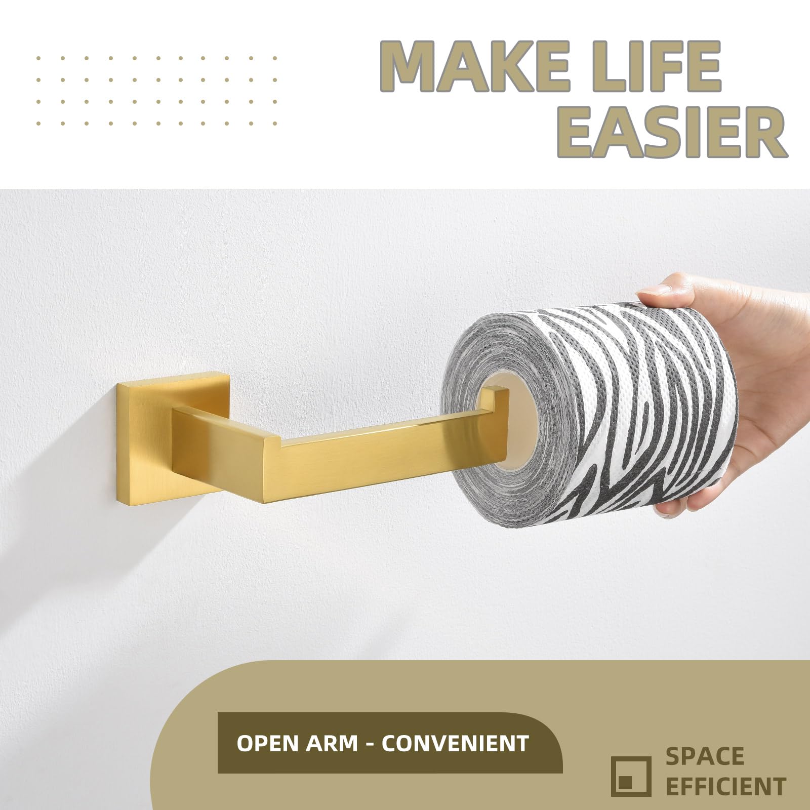 Stainless Steel Toilet Paper Holder Wall Mount - Brushed Gold Bathroom Tissue Roll Hanger with Open Arm Design | Durable SUS304 Angle Simple Style for Modern Home & Office Restroom Decor