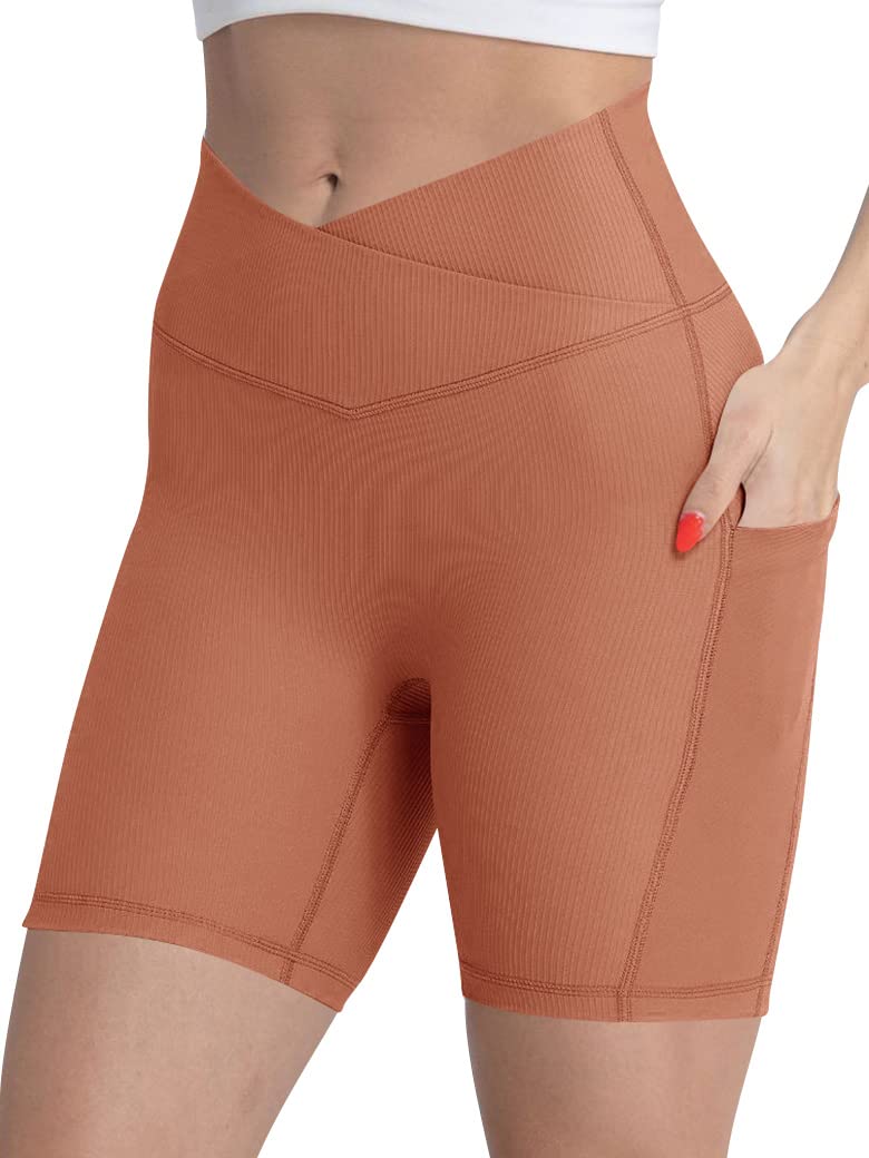 StarVnc Women's Ribbed Cross Waist Biker Shorts - Booty Lifting Yoga Workout Shorts with Pockets for Gym, Running & Activewear | Perfect for Fitness, Lounge & Everyday Wear