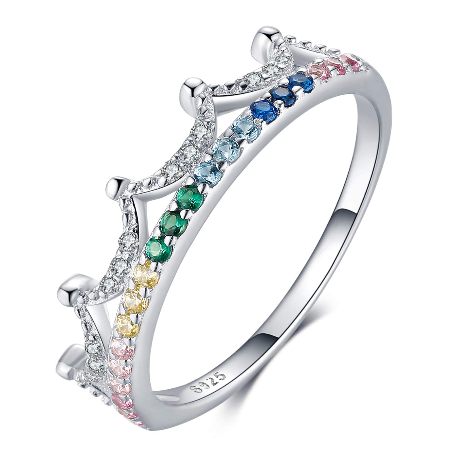925 Sterling Silver Crown Ring with Colorful Cubic Zirconias - Elegant Jewelry Gift for Women, Bridesmaid, Birthday, Anniversary, Wedding & Promise - Perfect for Special Occasions, Date Nights & Formal Events