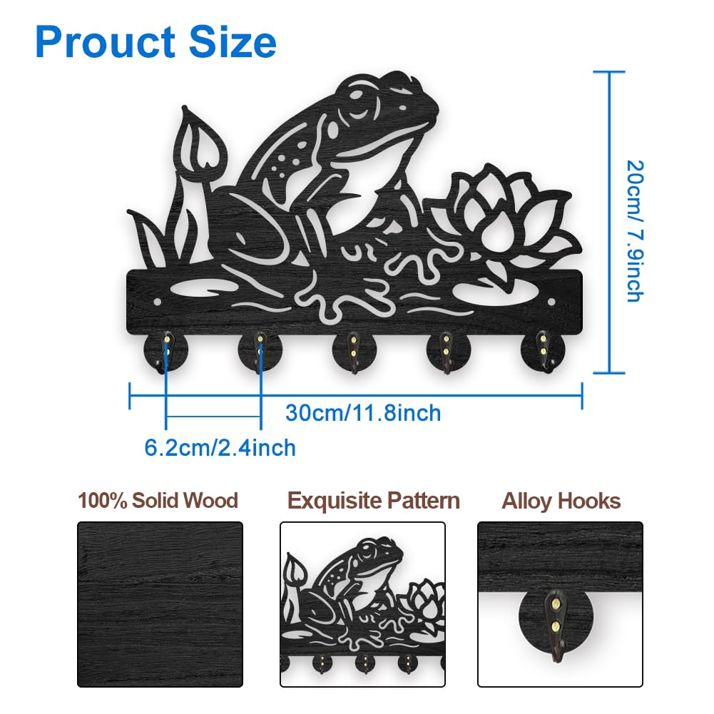 MAYJOY DIY Wooden Frog Lotus Flower Wall Hooks - 11.8×7.9 Inch Decorative Coat Key Holder with 5 Alloy Hooks for Entryway, Kitchen, Office - Perfect for Hanging Coats, Keys, Hats & Bags in Home Decor (Summer Pond Theme)