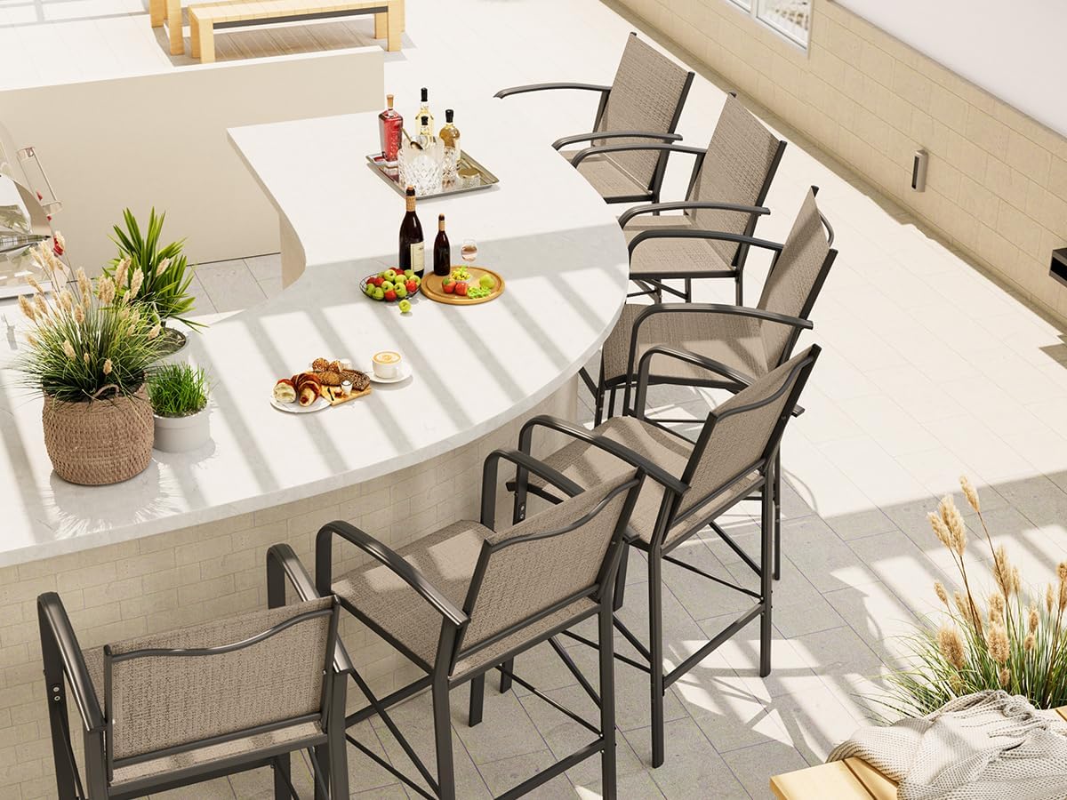 4-Piece Outdoor Bar Stools Set - Heavy Duty 300lb Capacity All-Weather Mesh Bar Height Chairs for Patio, Deck, Backyard & Poolside - Comfortable Brown Seating Furniture
