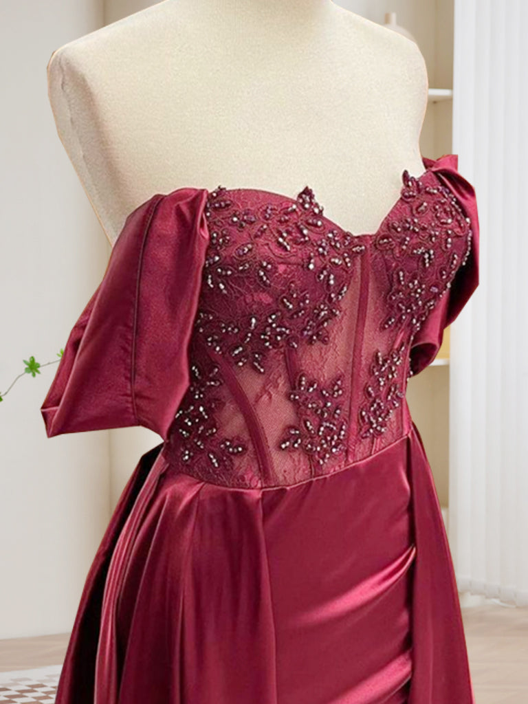 Elegant Burgundy A-Line Off-Shoulder Satin Lace Long Prom Dress - Formal Evening Gown for Homecoming, Wedding, Ball & Special Occasions