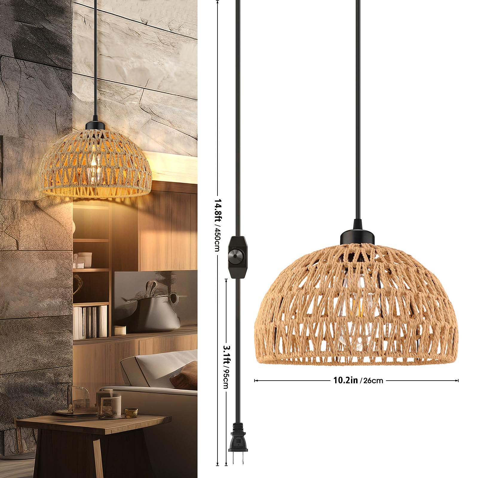 Dimmable Plug-In Pendant Light with 15FT Hemp Rope Cord & Rattan Woven Shade - Industrial Hanging Ceiling Lamp for Kitchen, Dining Room, Bedroom, Cafe Decor