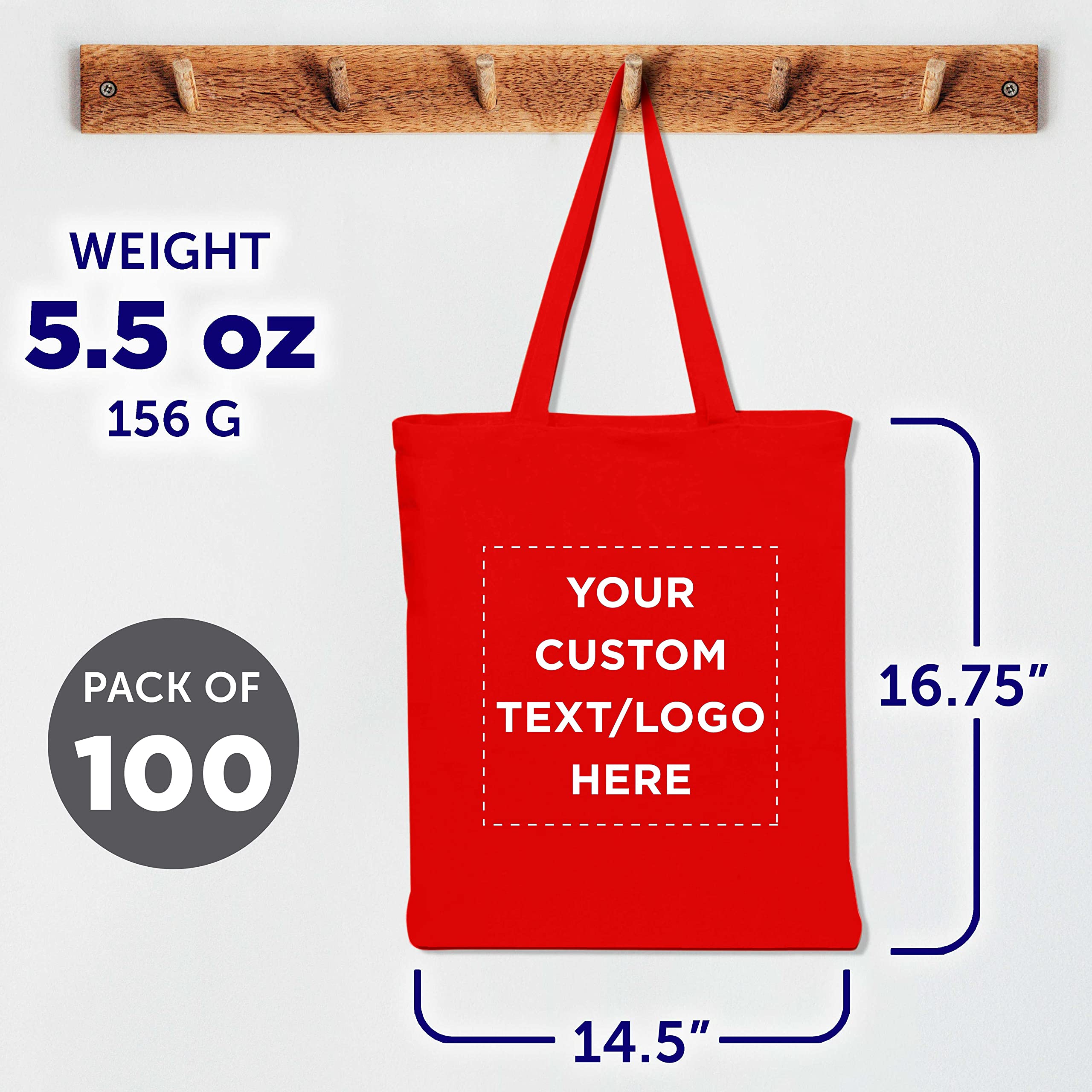 Custom Cotton Canvas Tote Bags Bulk Pack - 100 Reusable Eco-Friendly Shopping Bags with Personalization Option | Perfect for Grocery, Beach, Picnic, Wedding Favors & Promotional Events (Red)
