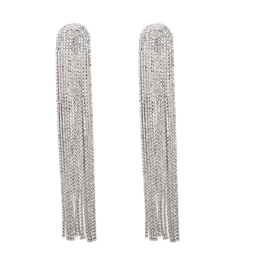Missgrace Women's Bohemian Dangle Tassel Earrings - Rhinestone Statement Jewelry Set for Parties & Special Occasions (Silver) | Trendy Unique Disco Bar Earrings for Women | Perfect for Weddings, Date Nights & Festivals