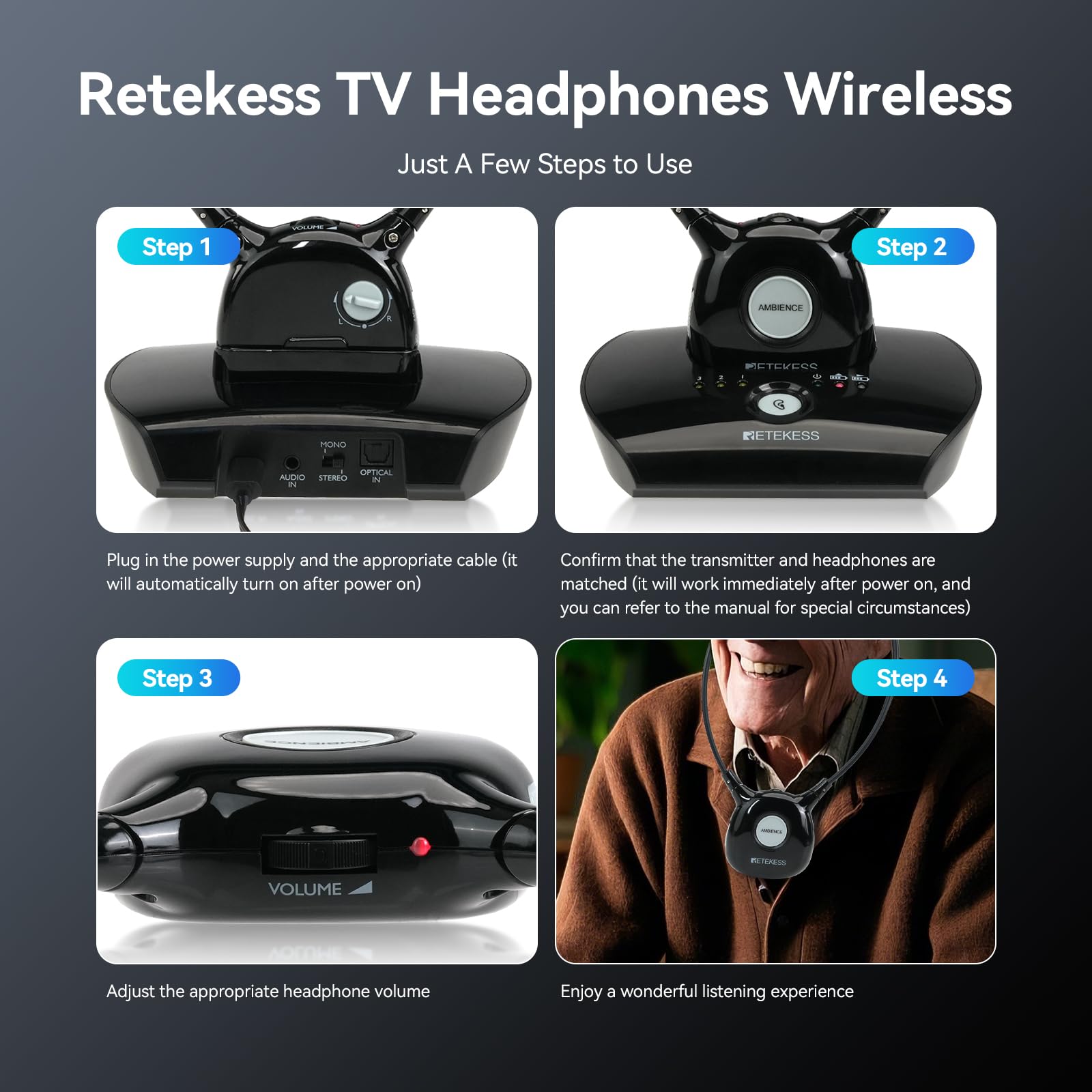Retekess TA008 Wireless TV Headphones for Seniors & Hearing Impaired - Dual Battery Combo, Independent Left/Right Ear Volume Control - Perfect for Late-Night TV Watching, Nursing Homes & Private Viewing