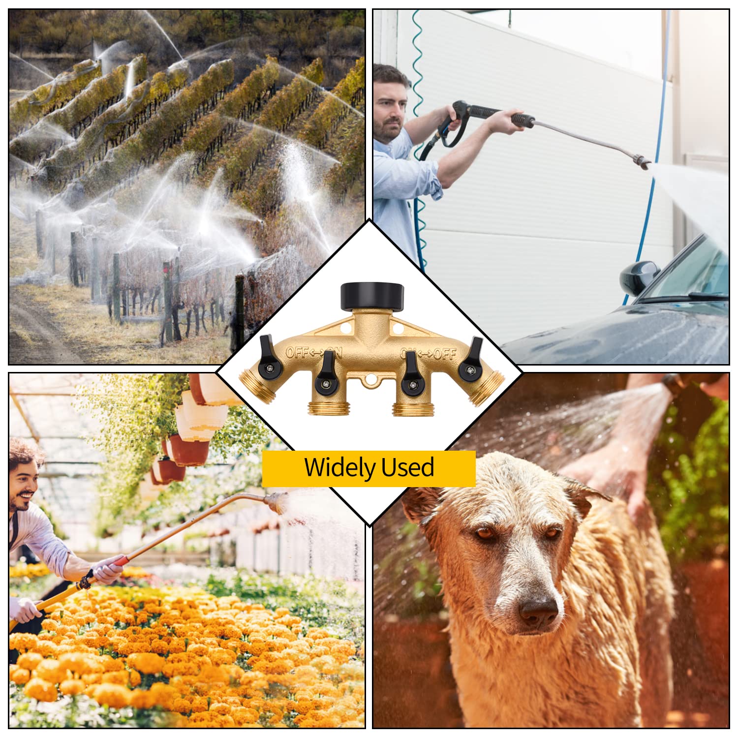 4-Way Garden Hose Splitter with Valves - Brass Spigot Adapter for Outdoor Watering