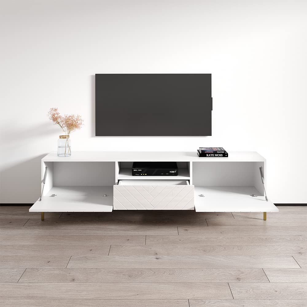 Mid-Century Modern TV Stand with Storage Drawers - 85 Inch Media Console Table for Living Room, White Rectangular Entertainment Center - Perfect for Home Theater Setup & Living Room Organization
