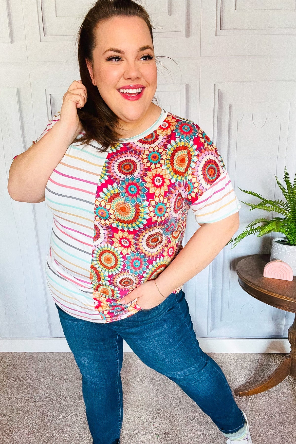 Always Fun Ivory & Fuchsia Stripe Crochet Print Women's Blouse - Casual Summer Tops for Beach, Vacation and Everyday Wear