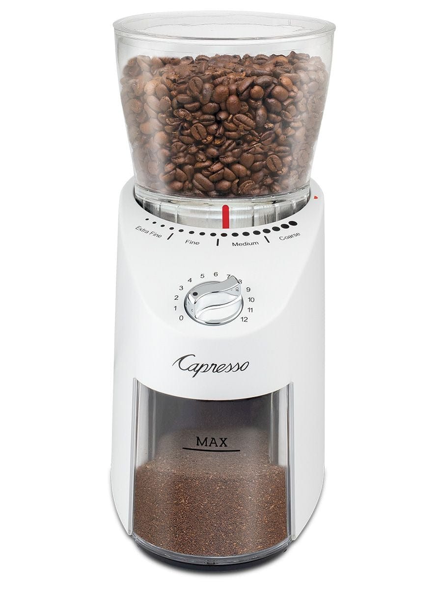 Premium Capresso Infinity Plus Conical Burr Coffee Grinder - White | Fresh Ground Coffee for Espresso, Drip, French Press & Cold Brew | Perfect for Home & Office Use