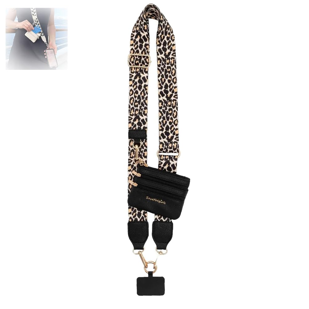 Adjustable Leopard Print Phone Strap with Zippered Pouch & Clip - Crossbody Phone Wallet Strap for Women - Perfect for Travel, Shopping & Hands-Free Convenience