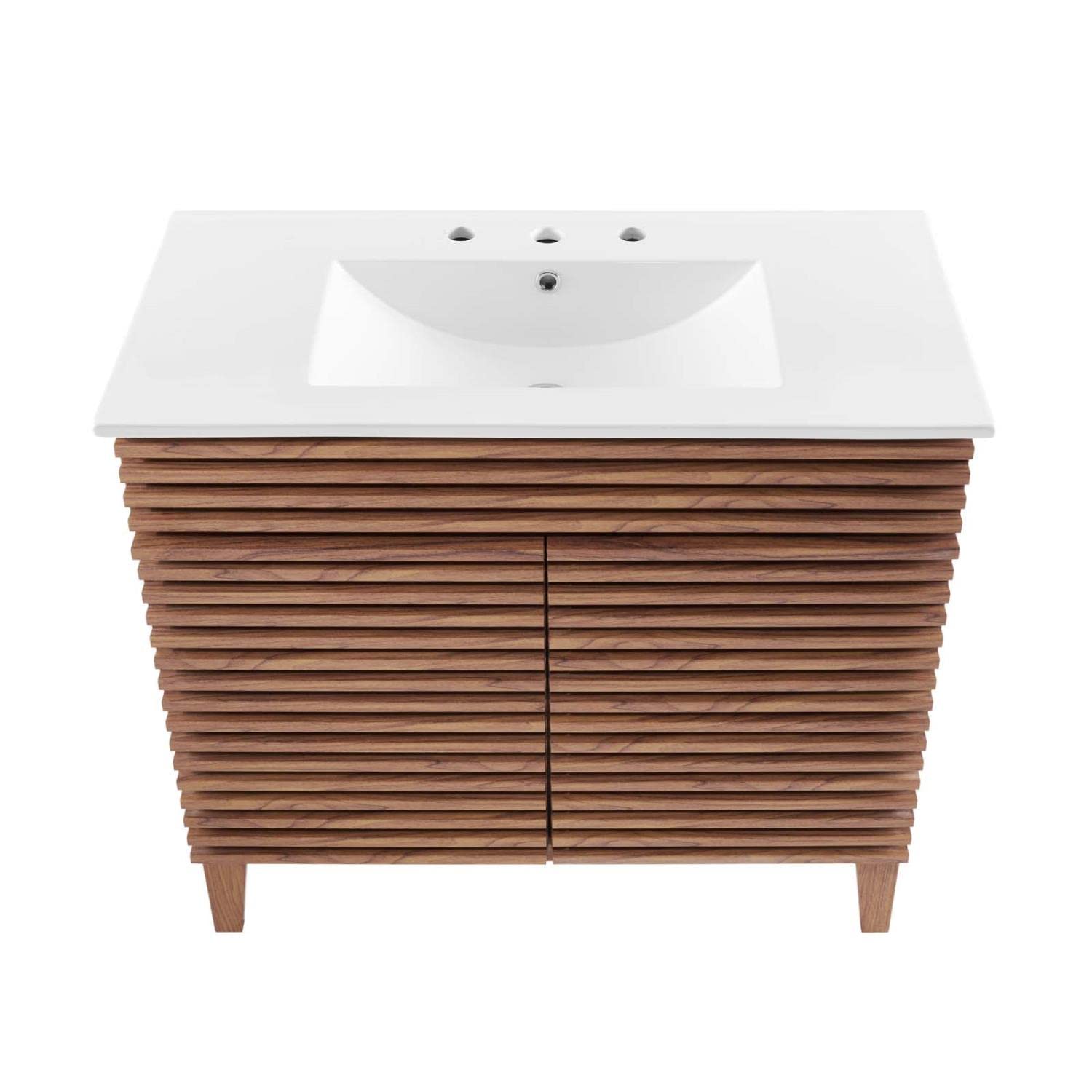 Modway Render 36 Inch Walnut White Bathroom Vanity with Sink - Modern Bathroom Furniture for Small Spaces, Powder Rooms & Master Baths