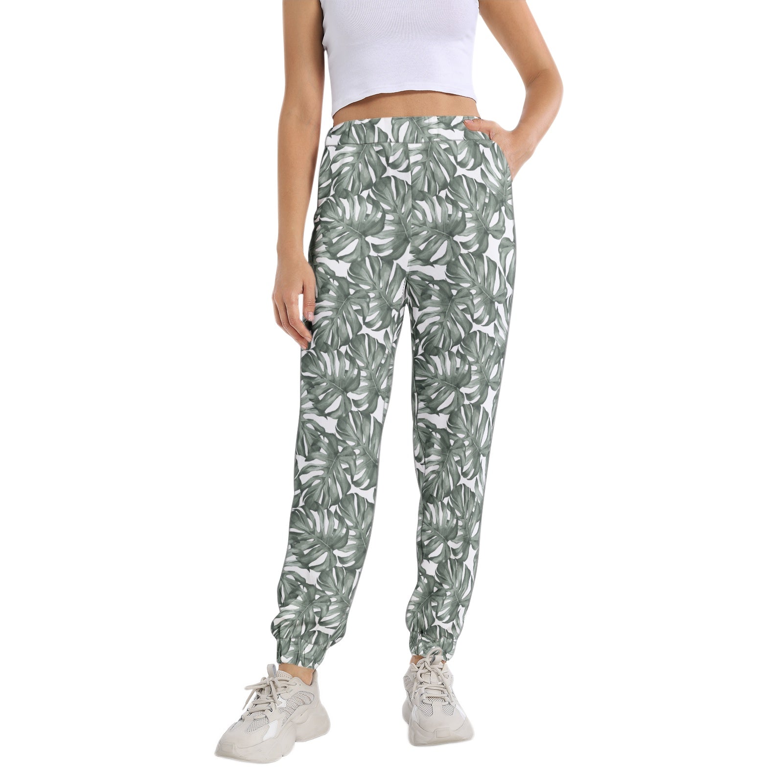 Elastic Waist Tapered Sweatpants for Women - Tropical Palm Print Joggers, Comfortable Lounge Pants for Yoga, Running, and Casual Wear