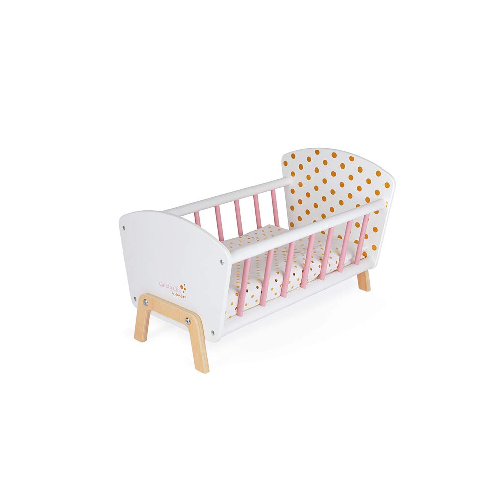 Janod Candy Chic Doll's Bed - Wooden Baby Doll Cradle for Toddlers Age 3+ | J05889 | Pretend Play, Nursery Decor & Gift for Little Girls