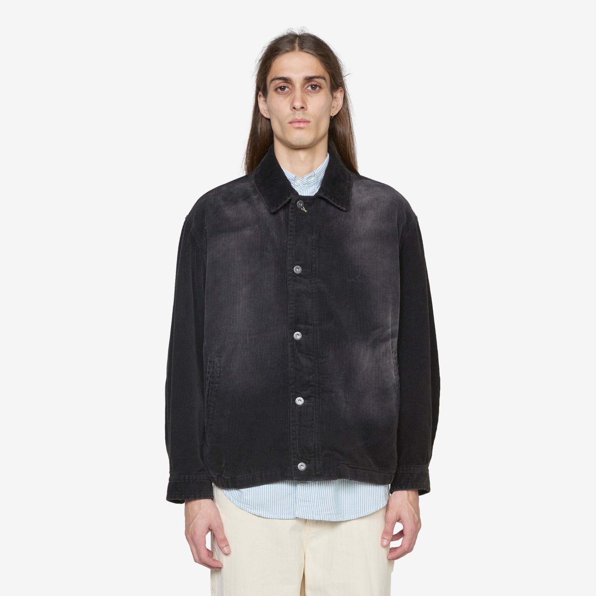 Faded Washed Corduroy Blouson Jacket for Men - Black Vintage Style Corduroy Coat for Casual Outfits and Fall Fashion