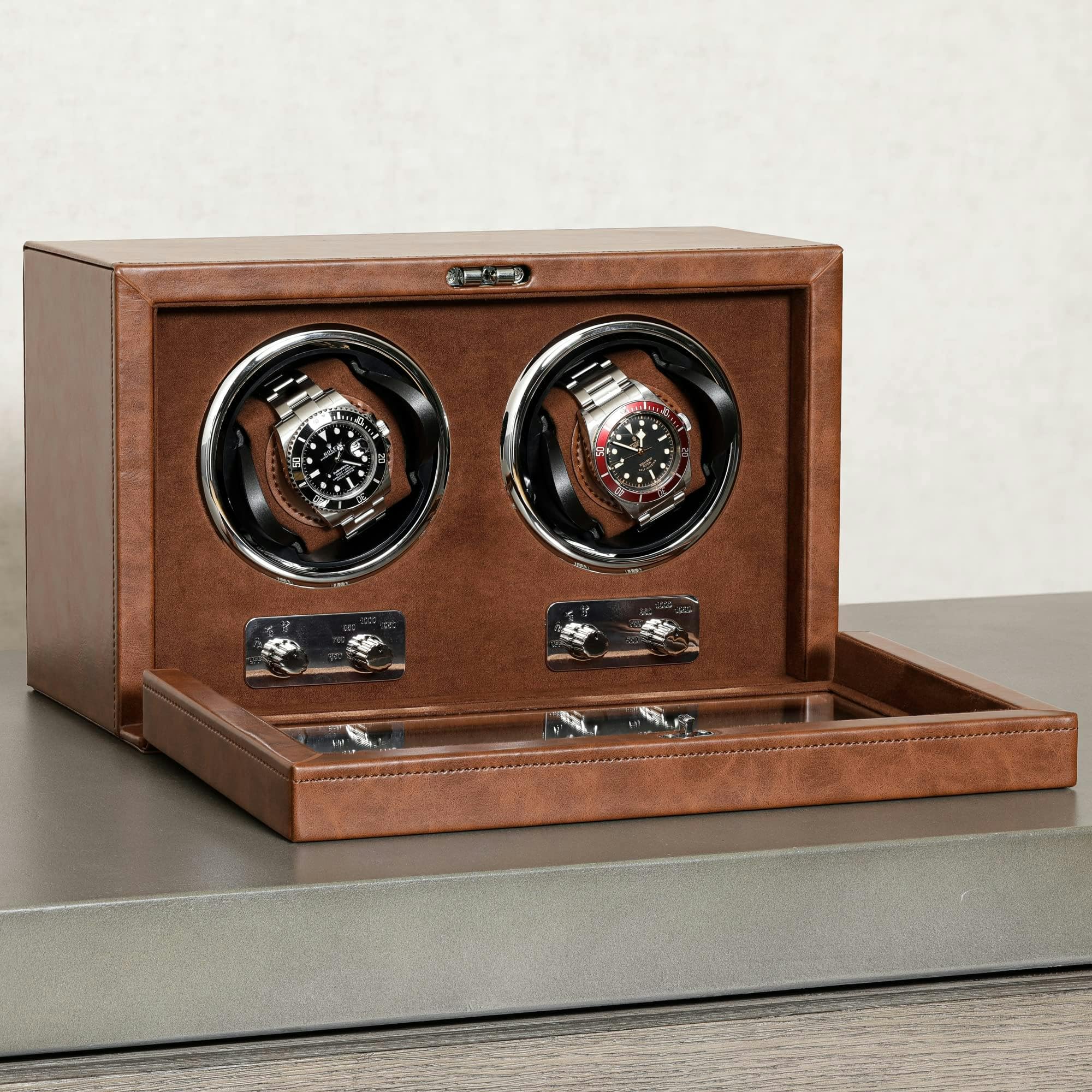 ROTHWELL Double Automatic Watch Winder - Quiet Motor, Multiple Speed & Rotation Settings (Tan/Brown) - Perfect for Watch Collectors & Luxury Timepiece Storage