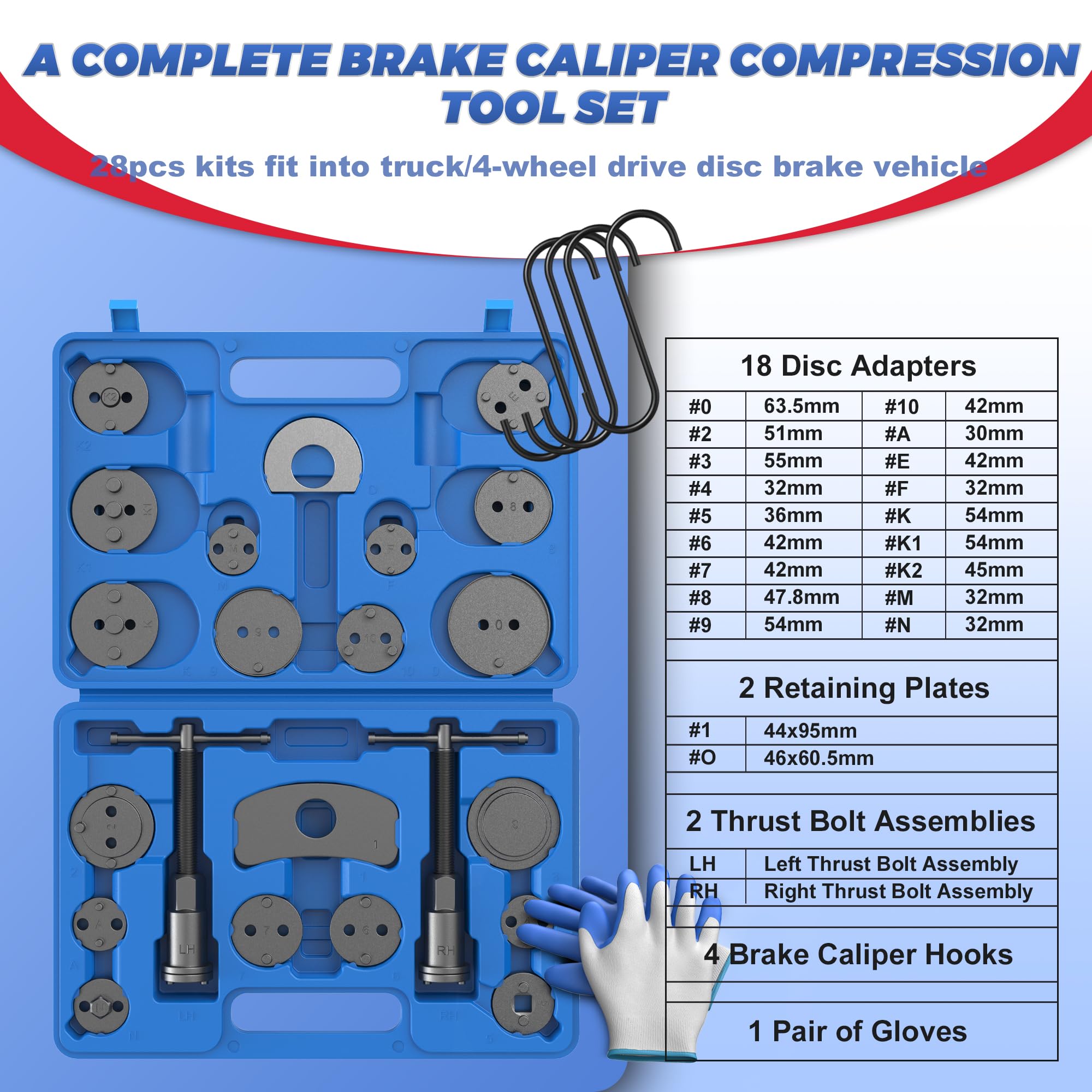 Heavy Duty Universal Disc Brake Piston Caliper Compressor Wind Back Tool Kit - 28 Piece Set for Brake Pad Replacement with Hanger Hooks | Perfect for DIY Car Maintenance & Professional Auto Repair Shops
